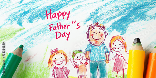 Artistic crayon drawings of dad and kids with playful 