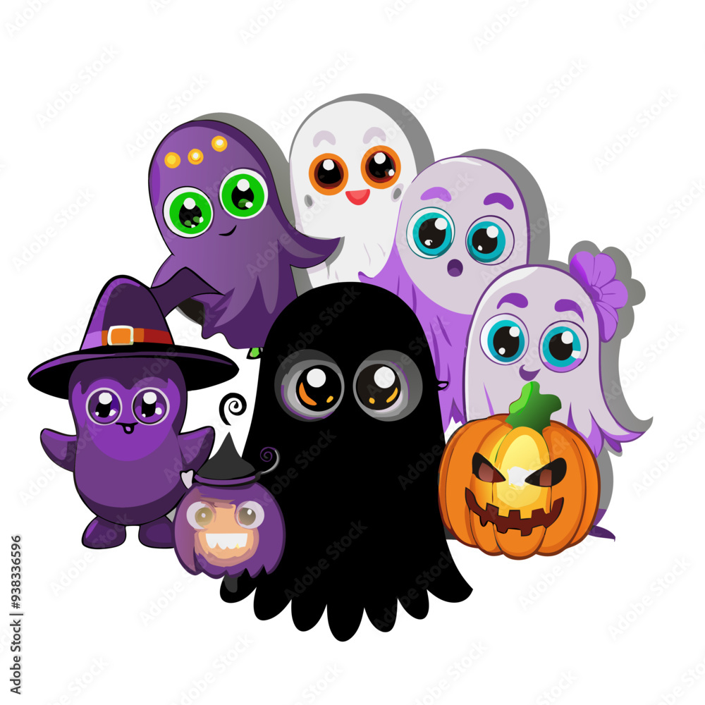 Obraz premium Vibrant Purple and Orange Funny Monsters: Playful and Attractive Cartoon Illustration for Children's Halloween Theme with Friendly and Quirky Design, Ideal for Festive Celebration.