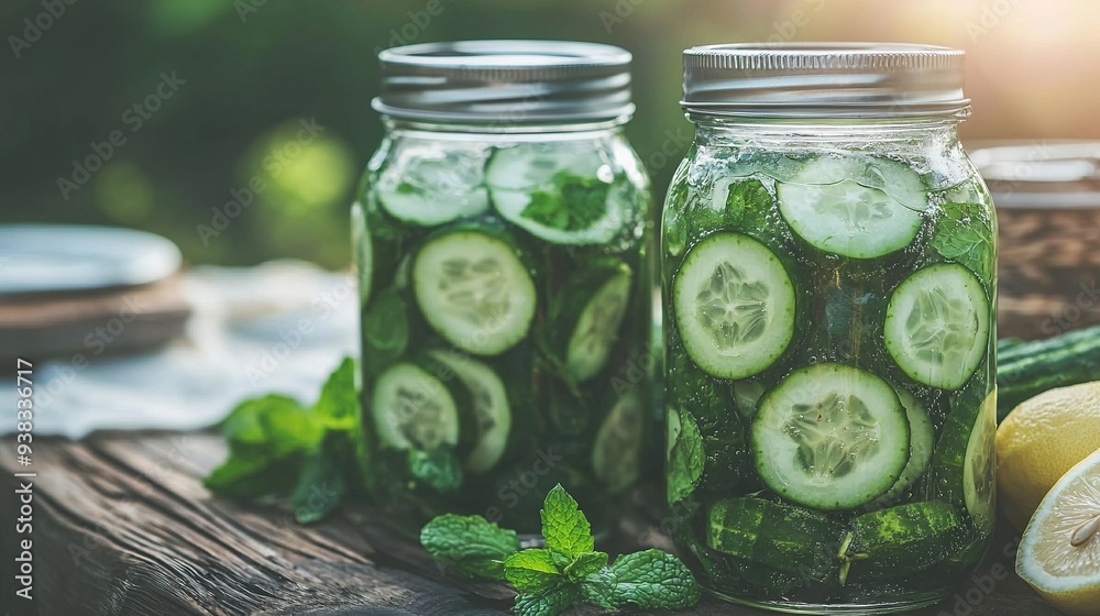 Mason jars filled with cucumbers & lemons on a wooden table, top with a lemon slice Mason jars filled with cucumbers & lemons on a wooden table, top with a lemon slice