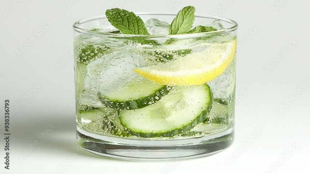 A glass of water with cucumber and lemon slices on the edge and mint leaves on the edge A glass of water with cucumber and lemon slices on the edge and mint leaves on the edge