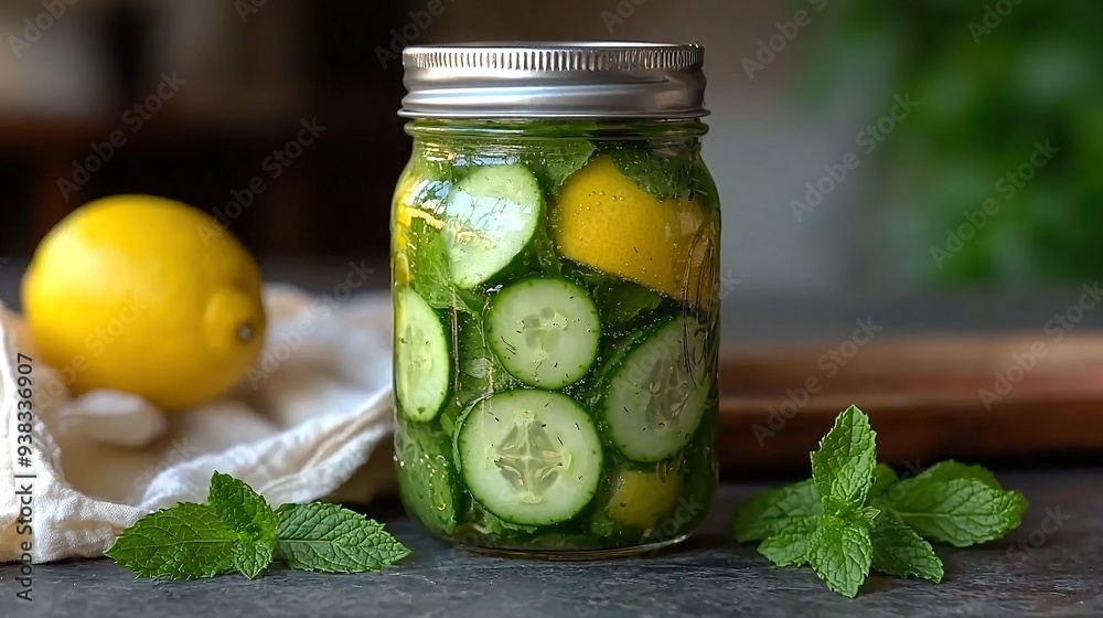 A jar of cucumbers & lemons, garnished with a lemon & mint leaves A jar of cucumbers & lemons, garnished with a lemon & mint leaves