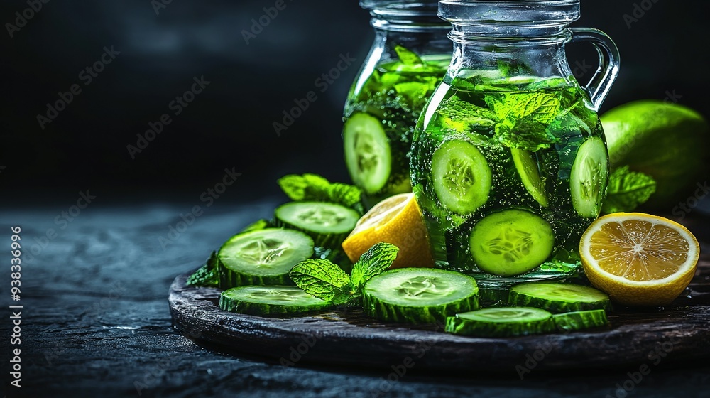 A glass jar containing cucumbers and lemon slices sits beside an orange and lime pile A glass jar containing cucumbers and lemon slices sits beside an orange and lime pile