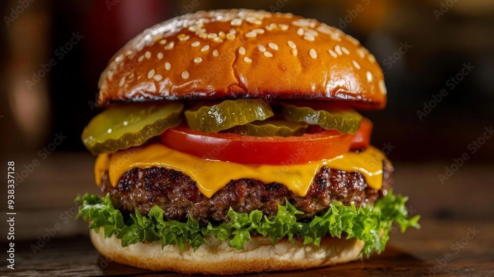 Close-up of a juicy cheeseburger with lettuce, tomato, and pickles on a wooden table Close-up of a juicy cheeseburger with lettuce, tomato, and pickles on a wooden table