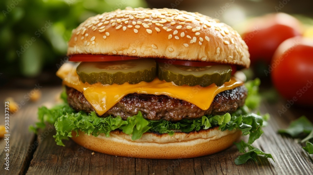 Close-up of a juicy cheeseburger with lettuce, tomato, and pickles on a wooden table Close-up of a juicy cheeseburger with lettuce, tomato, and pickles on a wooden table