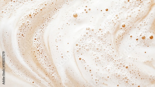 Close-up view of creamy chai latte foam with frothy bubbles, creating a warm, textured background ideal for food and beverage themes