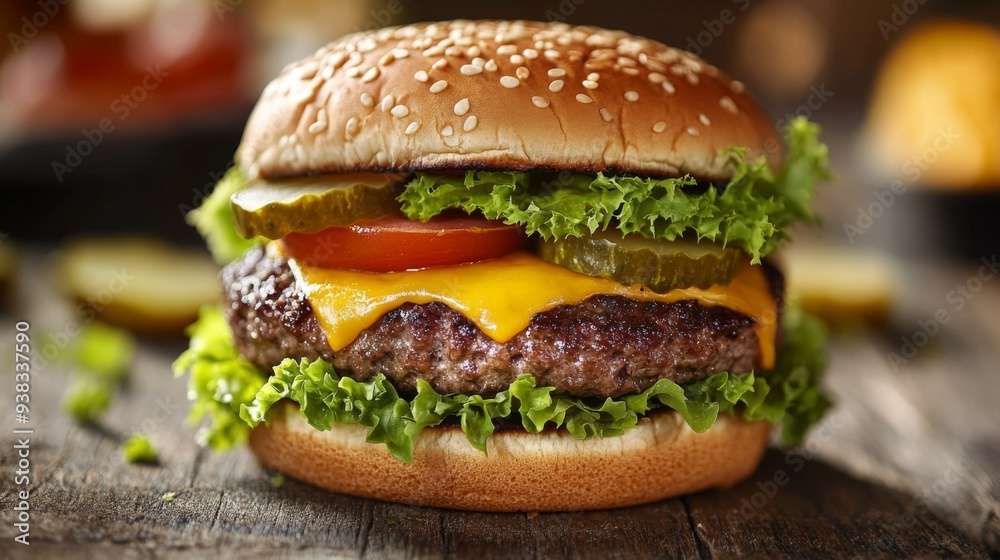 Close-up of a juicy cheeseburger with lettuce, tomato, and pickles on a wooden table Close-up of a juicy cheeseburger with lettuce, tomato, and pickles on a wooden table