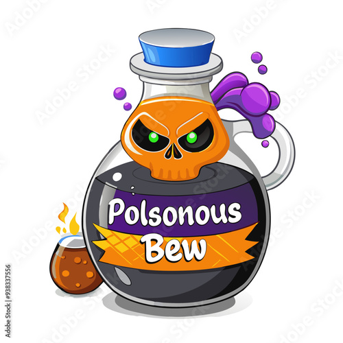 Captivating poisonous brew cartoon illustration with vibrant purple and orange color palette, designed for children's Halloween theme, featuring playful and quirky elements ideal for festive and spook