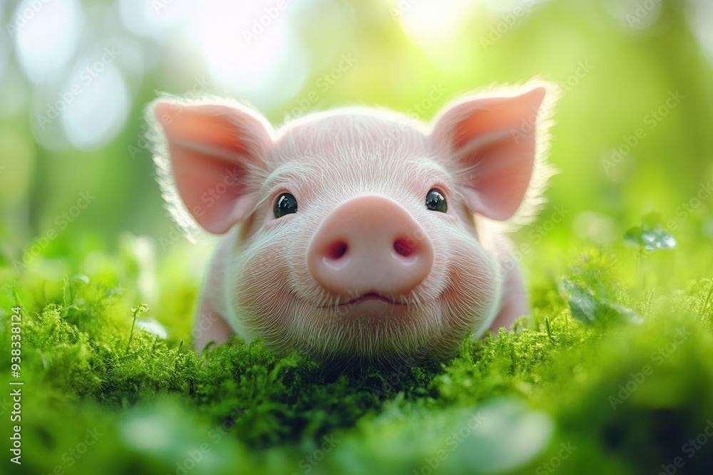 Adorable piglet resting on green grass with a blurred natural background, showcasing a charming and serene farm animal scene. Adorable piglet resting on green grass with a blurred natural background, showcasing a charming and serene farm animal scene.
