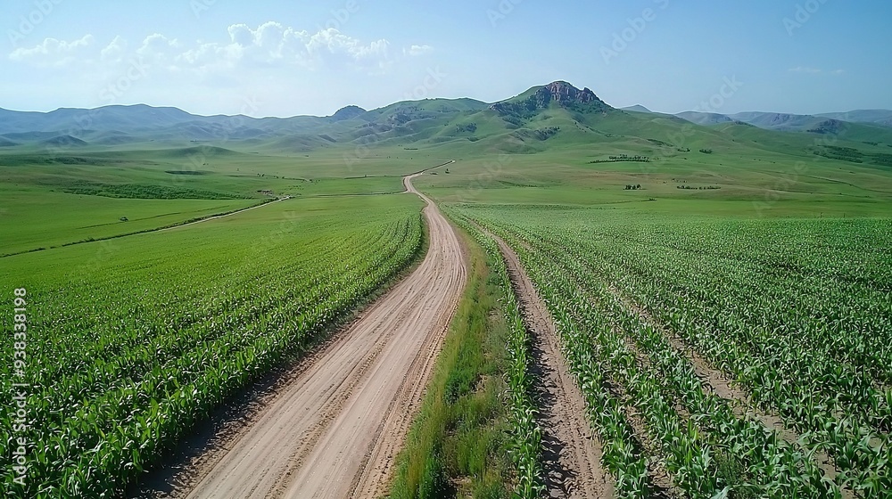 Fototapeta premium A panoramic shot of a rugged terrain trail surrounded by expansive greenery and towering peaks in the distance