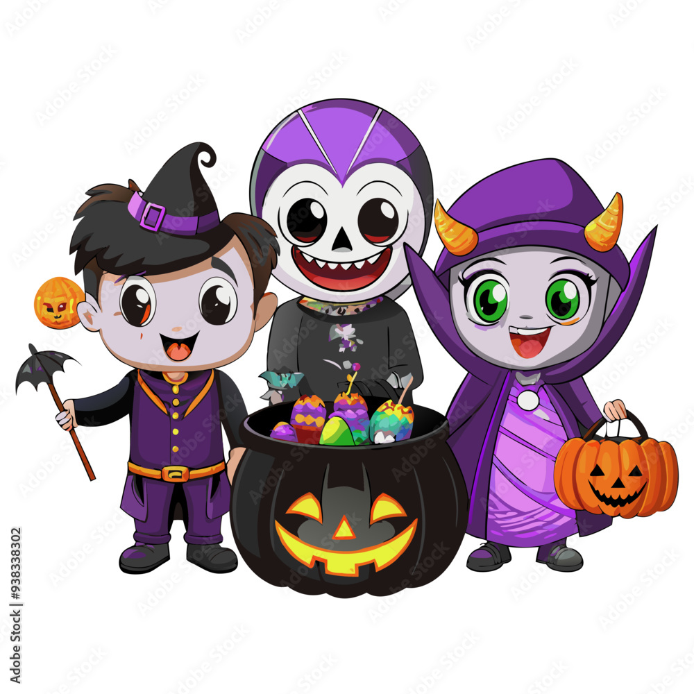 Playful Trick-or-Treaters in Vibrant Purple and Orange: Charming Cartoon Illustration for Children's Halloween Theme with Friendly and Quirky Design Elements. Playful Trick-or-Treaters in Vibrant Purple and Orange: Charming Cartoon Illustration for Children's Halloween Theme with Friendly and Quirky Design Elements.