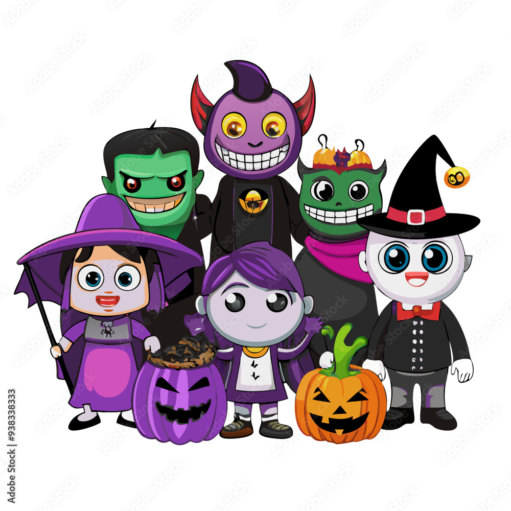 Playful Trick-or-Treaters in Vibrant Purple and Orange Colors: Charming Cartoon Illustration Ideal for Children's Halloween Theme, Featuring Friendly and Quirky Design Elements. Playful Trick-or-Treaters in Vibrant Purple and Orange Colors: Charming Cartoon Illustration Ideal for Children's Halloween Theme, Featuring Friendly and Quirky Design Elements.