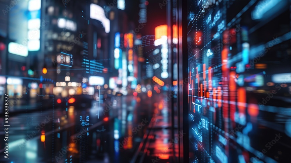 A blurred image of a city at night with lights and buildings visible A blurred image of a city at night with lights and buildings visible