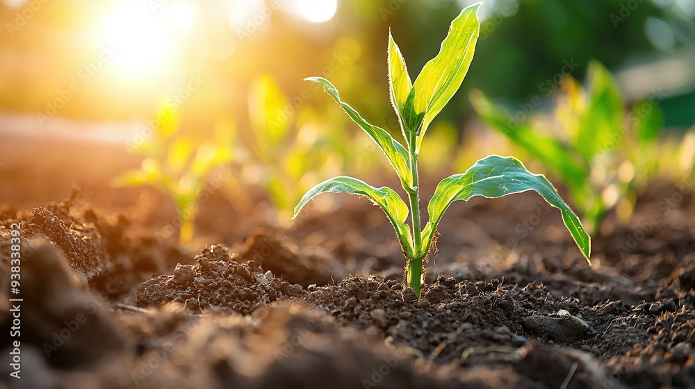 A green plant, close-up, thriving in dirt amidst sun-drenched tree backdrop A green plant, close-up, thriving in dirt amidst sun-drenched tree backdrop