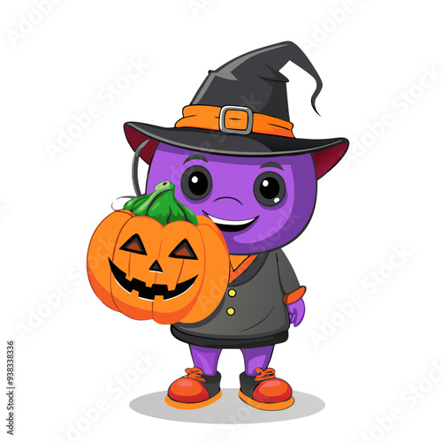 Gathering of Trick-or-Treaters: Vibrant Purple and Orange Colors in Playful Cartoon Illustration, Ideal for Children's Halloween Theme with Friendly and Quirky Design Elements.
