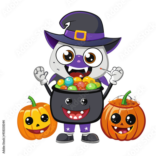 Intriguing Trick-or-Treaters in Purple and Orange: Playful Cartoon Illustration Perfect for Children's Halloween Theme with Friendly and Quirky Design Elements.