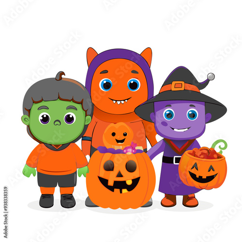 Playful Trick-or-Treaters in Purple and Orange Colors: Vibrant Cartoon Illustration Ideal for Children's Halloween Theme with Fun and Quirky Design Elements.