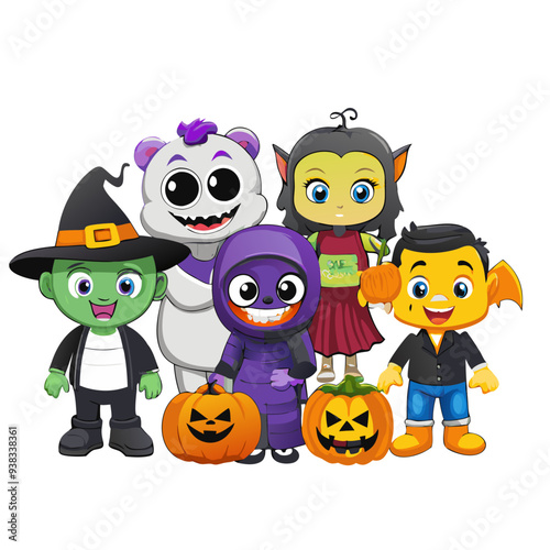Playful Trick-or-Treaters in Purple and Orange Colors: Vibrant Cartoon Illustration Ideal for Children's Halloween Theme with Fun and Quirky Design Elements.