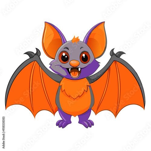 Playful Vampire Bat Cartoon Illustration in Purple and Orange on Isolated White Background - Perfect for Children's Halloween Theme, Friendly and Quirky Design