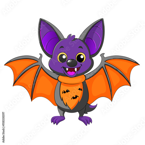 Intriguing Purple and Orange Vampire Bat Cartoon Illustration, Ideal for Children's Halloween Theme with Playful and Charming Design Elements.