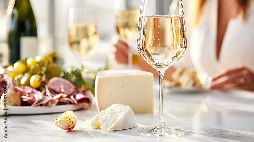 A woman sipping wine and nibbling cheese at a table with a full plate of food nearby A woman sipping wine and nibbling cheese at a table with a full plate of food nearby