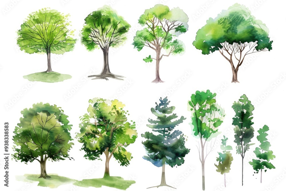 Fototapeta premium Watercolor illustration of multiple trees on a plain white background, great for various designs and projects