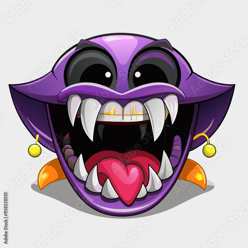 Playful and Colorful Vampire Fangs Cartoon Illustration in Purple and Orange Tones, Ideal for Children's Halloween Themes. Charming and Whimsical Design for Festive Celebrations and Spooky Costume Ide