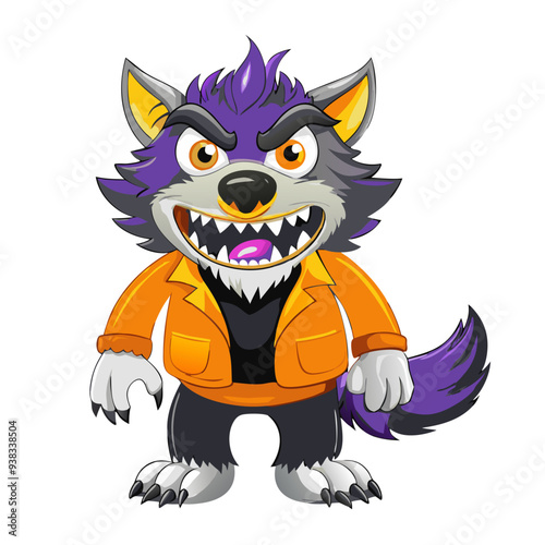 Friendly and Quirky Purple and Orange Werewolf Cartoon Illustration with Playful Colors, Ideal for Children's Halloween Themes. Vibrant and Engaging Design for Festive Celebrations.