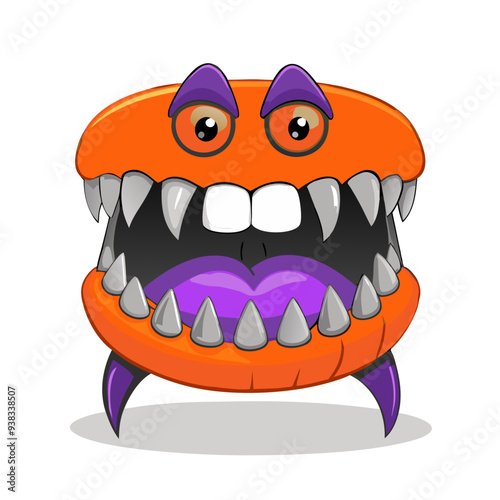 Playful and Colorful Vampire Fangs Cartoon Illustration in Purple and Orange Tones, Ideal for Children's Halloween Themes. Charming and Whimsical Design for Festive Celebrations and Spooky Costume Ide
