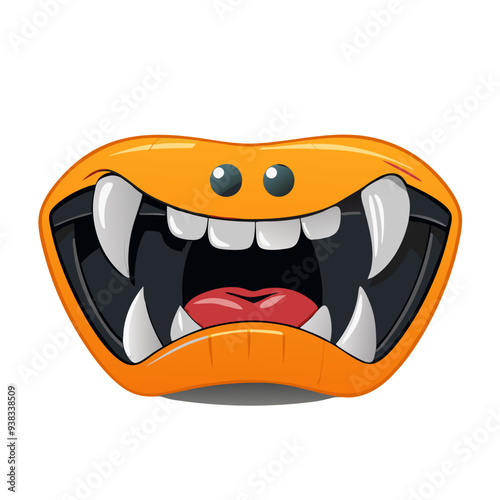 Charming Vampire Fangs in Vibrant Purple and Bold Orange Hues: Playful and Captivating Cartoon Illustration Ideal for Children's Halloween Theme with a Friendly and Quirky Design.