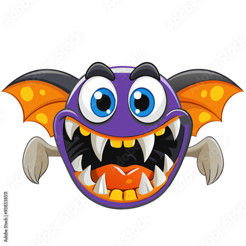 Charming Vampire Fangs in Vibrant Purple and Bold Orange Hues: Playful and Captivating Cartoon Illustration Ideal for Children's Halloween Theme with a Friendly and Quirky Design.