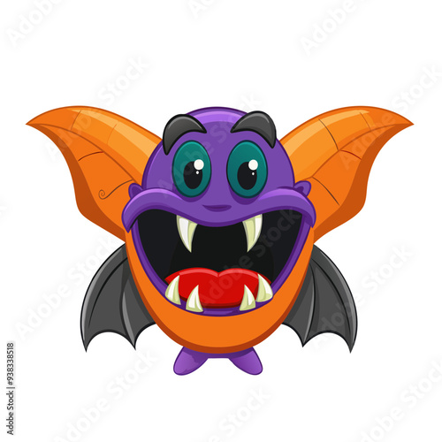 Vibrant Vampire Fang in Mysterious Violet and Fiery Orange Colors: Enchanting Cartoon Illustration Ideal for Children's Halloween Theme with a Playful and Friendly Design.