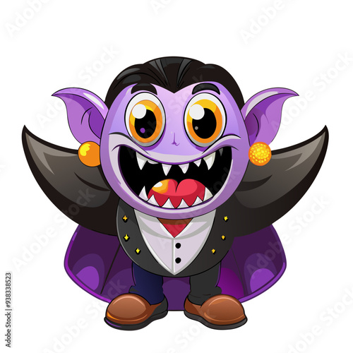 Charming Vampire in Vibrant Violet and Orange Hues: Playful and Engaging Cartoon Illustration Ideal for Children's Halloween Theme with a Friendly and Quirky Design.