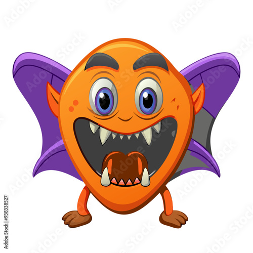 Charming Vampire in Vibrant Violet and Orange Hues: Playful and Engaging Cartoon Illustration Ideal for Children's Halloween Theme with a Friendly and Quirky Design.