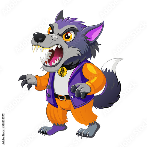 Friendly Werewolf Howling in Vibrant Purple and Orange Hues, a Playful Cartoon Illustration Ideal for Children's Halloween Theme with a Quirky and Engaging Design.