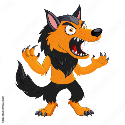 Joyful Werewolf in Purple and Orange Colors: Playful Cartoon Illustration Ideal for Children's Halloween Theme with a Friendly and Quirky Design.