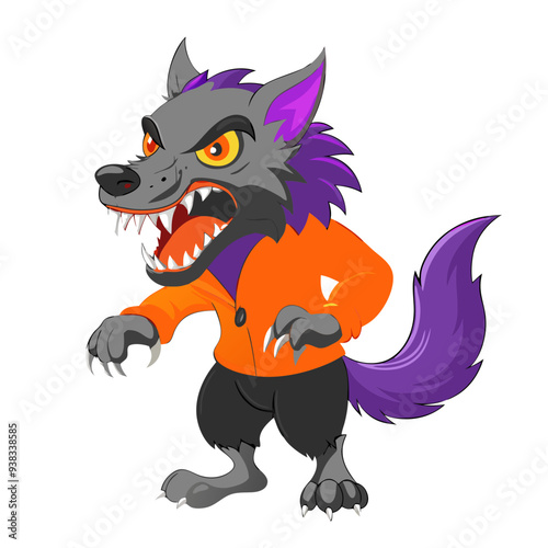 Playful and Enchanting Werewolf Howling in Purple and Orange Tones, a Captivating Cartoon Illustration for Children's Halloween Theme with a Friendly and Quirky Design.