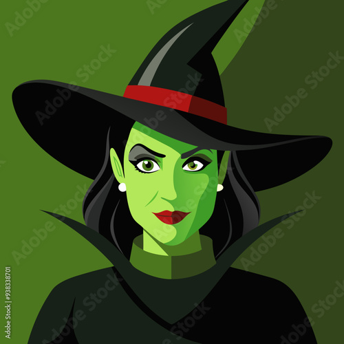 Friendly Witch Cartoon Illustration in Vibrant Green Color, Ideal for Children's Halloween Theme, Playful and Attractive Design with a Magical Touch.