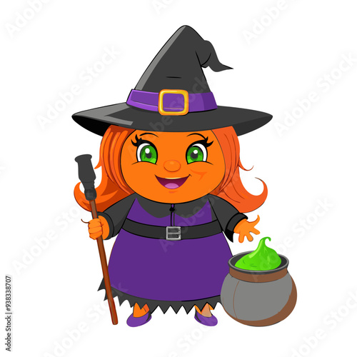 Playful Witch Cartoon Illustration in Purple and Orange Colors, Ideal for Children's Halloween Theme with a Friendly and Quirky Design, Perfect for Festive Celebrations and Promotions.