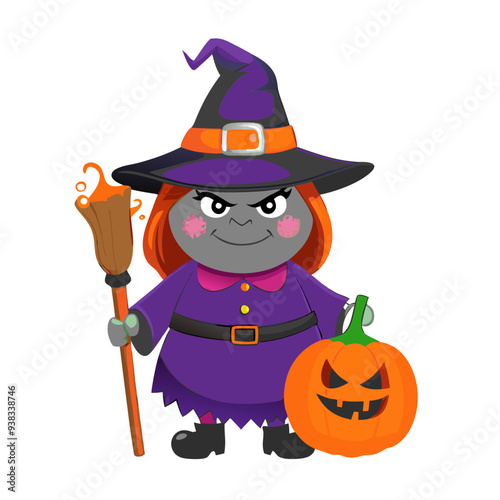 Cheerful Witch in Vibrant Orange, Purple, and Pink Colors: Playful and Attractive Cartoon Illustration Ideal for Children's Halloween Theme, Featuring Friendly and Quirky Design.