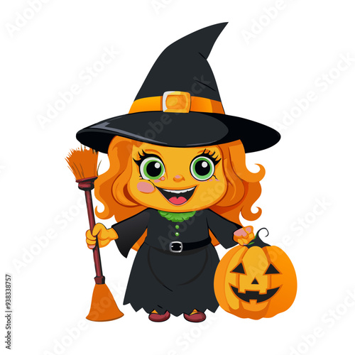 Playful Witch Cartoon Illustration in black and Orange Colors, Ideal for Children's Halloween Theme with a Friendly and Quirky Design, Perfect for Festive Celebrations and Promotions.