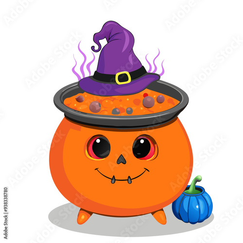 Colorful and Whimsical Witches' Brew Cartoon Illustration in Orange, Purple, and Pink Hues, Ideal for Children's Halloween Theme with a Friendly and Quirky Design