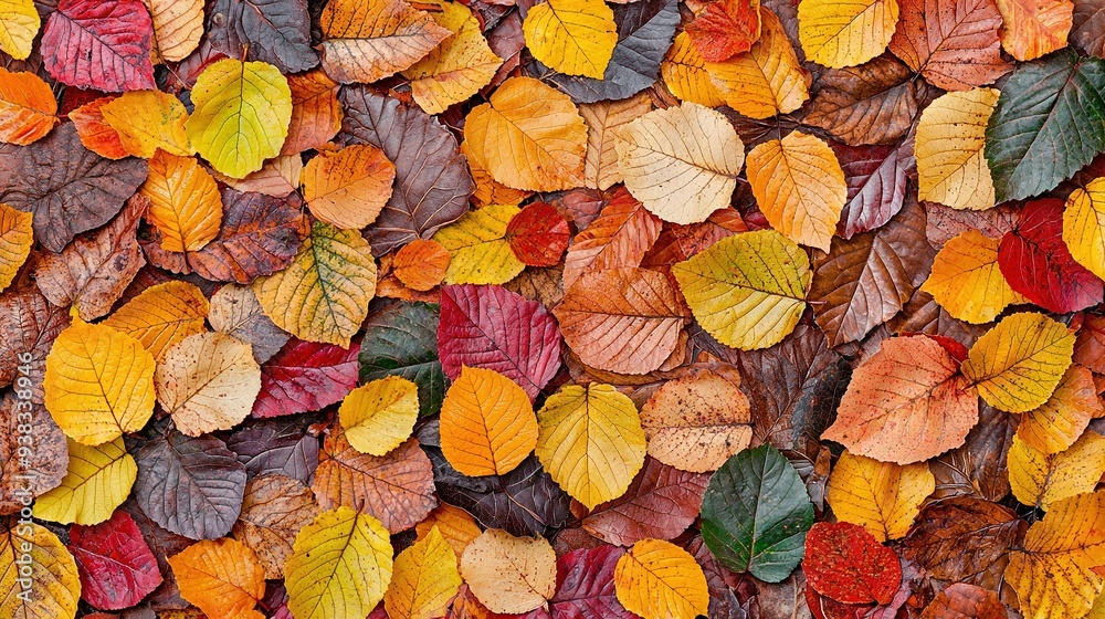 A group of multicolored leaves scattered on the ground, matching the hues in the photograph A group of multicolored leaves scattered on the ground, matching the hues in the photograph
