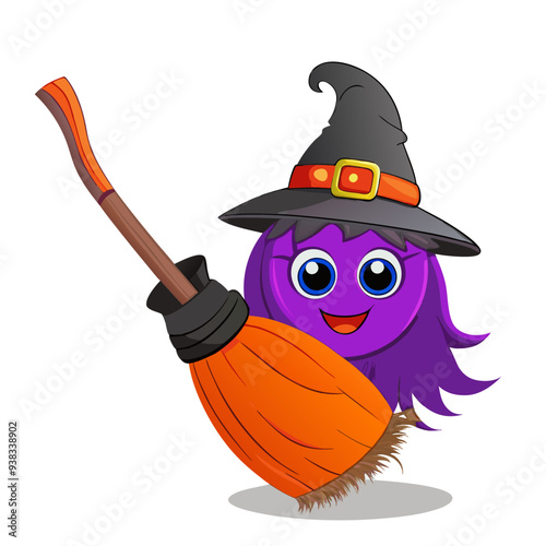 Friendly and Fun Cartoon Character in Halloween Witch's Broom  with Orange, Purple, and Pink Colors. Cheerful and Playful Illustration Perfect for Children's Halloween Theme.