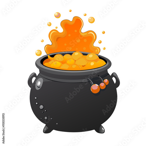Witch's Cauldron Floating in Playful Cartoon Illustration with Purple and Orange Colors on Isolated White Background - Ideal for Children's Halloween Theme, Friendly and Quirky Design for Spooky 