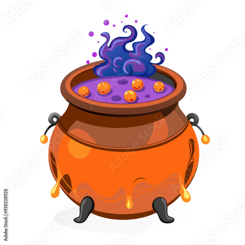 Friendly and Playful Cartoon Character in Halloween Witch's Cauldron Costume with Orange, Purple, and Pink Colors. Colorful and Appealing Illustration for Children's Halloween Theme.