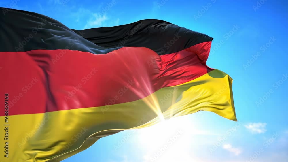 Germany flag waving against blue sunny sky background. National celebration and patriotism concept. Democratic elections. German culture Germany flag waving against blue sunny sky background. National celebration and patriotism concept. Democratic elections. German culture