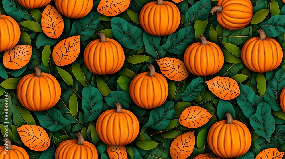 A group of pumpkins in hues of orange rests on a verdant lawn with leaves surrounding them A group of pumpkins in hues of orange rests on a verdant lawn with leaves surrounding them