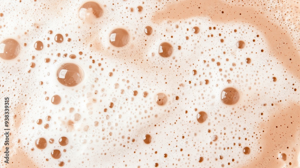 Close-up view of creamy cacao latte foam texture, capturing delicate bubbles and swirls