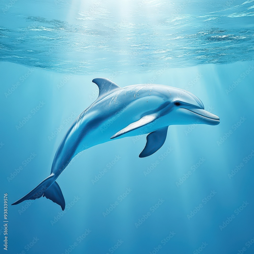 Fototapeta premium A graceful dolphin swimming in clear blue waters, showcasing its agility and beauty in a serene underwater environment.