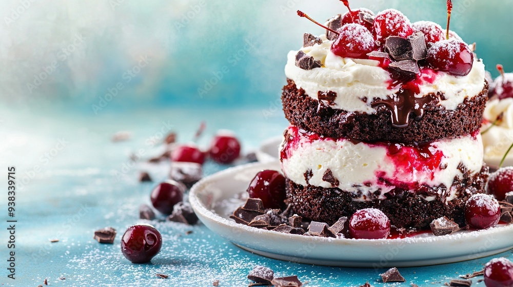   A close-up of a cake on a plate with ice cream and cherries on top